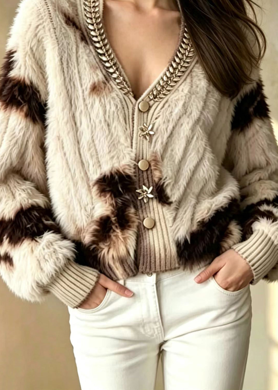 Stylish Khaki V Neck Rhinestone Mink Hair Knitted Cardigan Fall