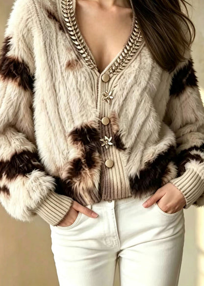 Stylish Khaki V Neck Rhinestone Mink Hair Knitted Cardigan Fall