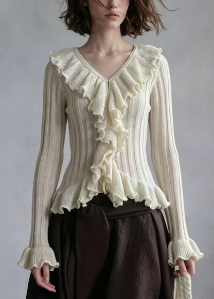 Stylish Khaki V Neck Ruffled Knit Tops Flare Sleeve
