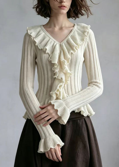Stylish Khaki V Neck Ruffled Knit Tops Flare Sleeve