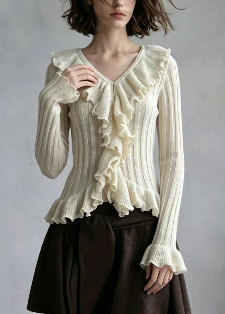Stylish Khaki V Neck Ruffled Knit Tops Flare Sleeve