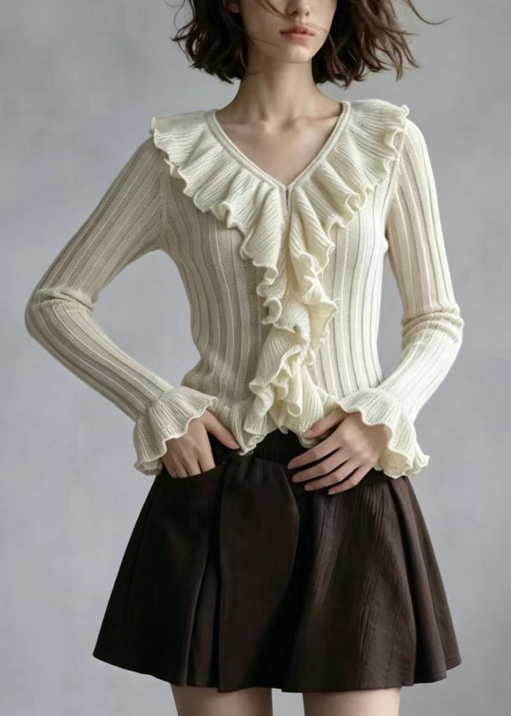 Stylish Khaki V Neck Ruffled Knit Tops Flare Sleeve