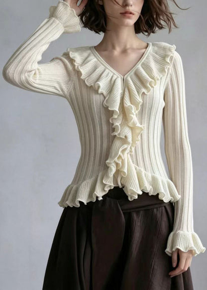 Stylish Khaki V Neck Ruffled Knit Tops Flare Sleeve