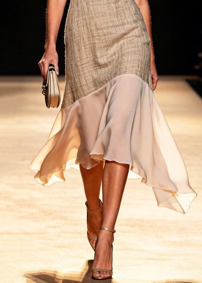 Stylish Khaki V Neck Tulle Patchwork Linen Mini Dresses Summer