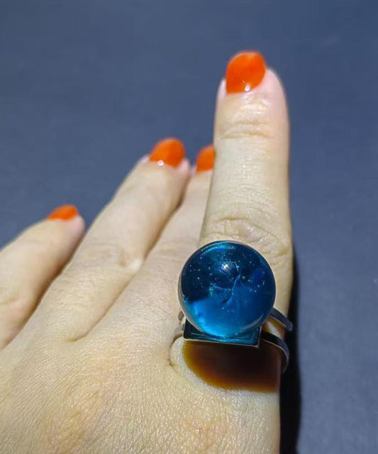 Stylish Lake Blue Alloy Bubble Glass Ball Adjustable Open Ring