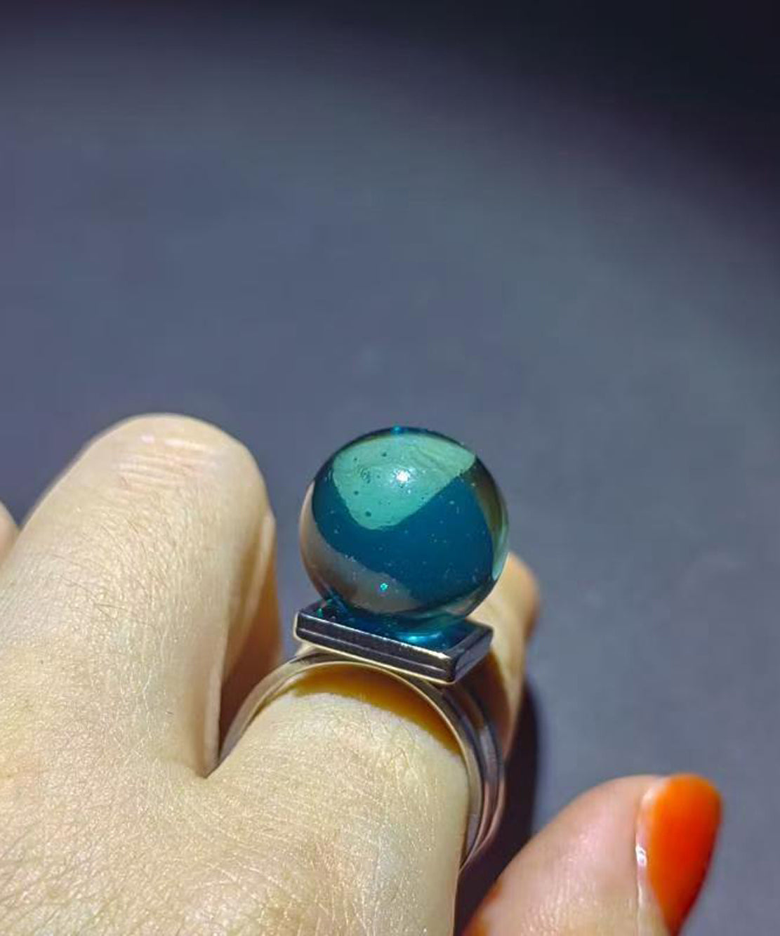Stylish Lake Blue Alloy Bubble Glass Ball Adjustable Open Ring