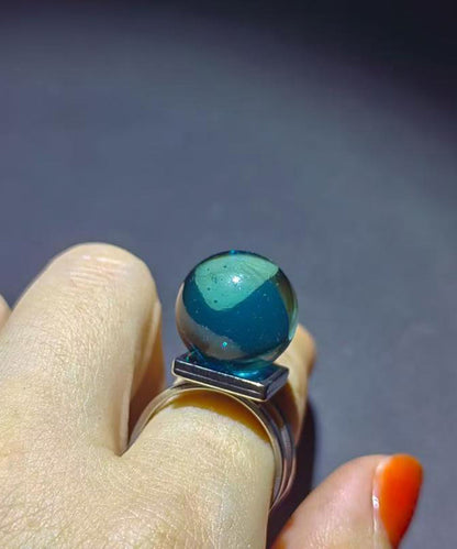 Stylish Lake Blue Alloy Bubble Glass Ball Adjustable Open Ring