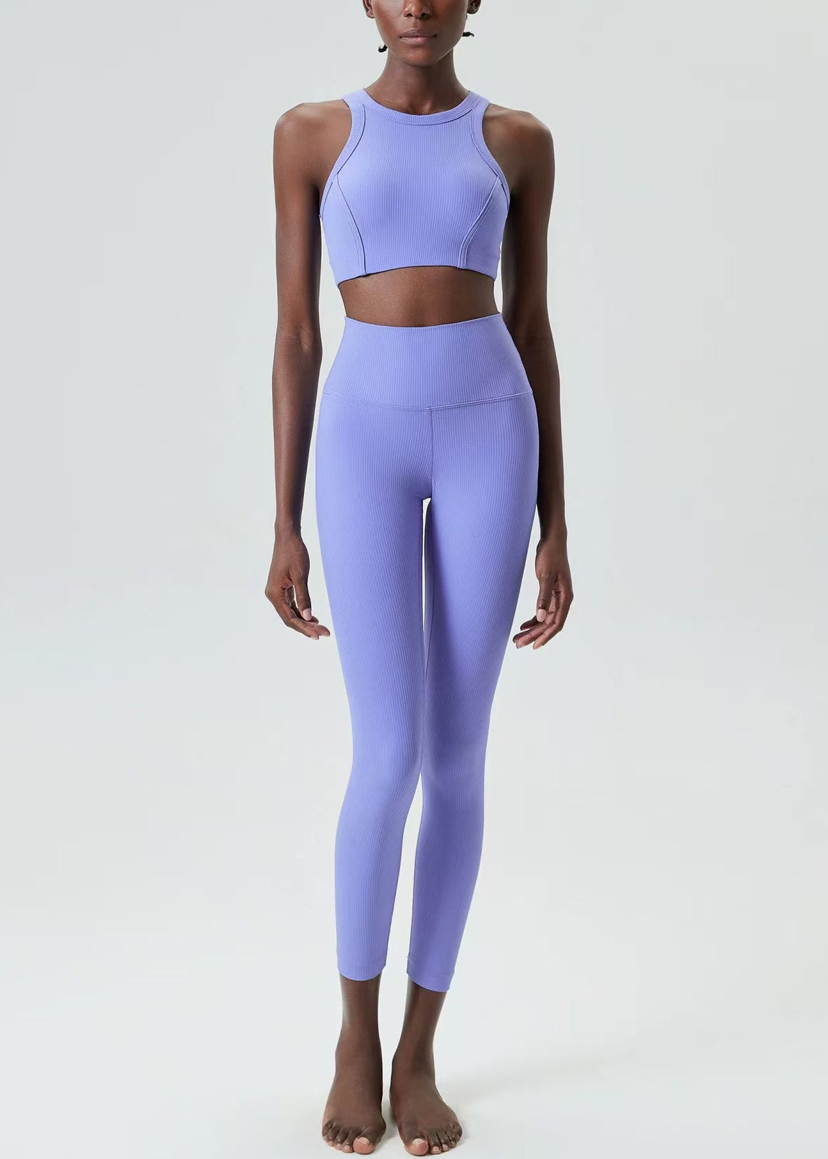 Stylish Lavender Stretch Sleeveless Sports Bra And High Waist Leggings Set Suit