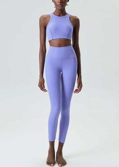 Stylish Lavender Stretch Sleeveless Sports Bra And High Waist Leggings Set Suit