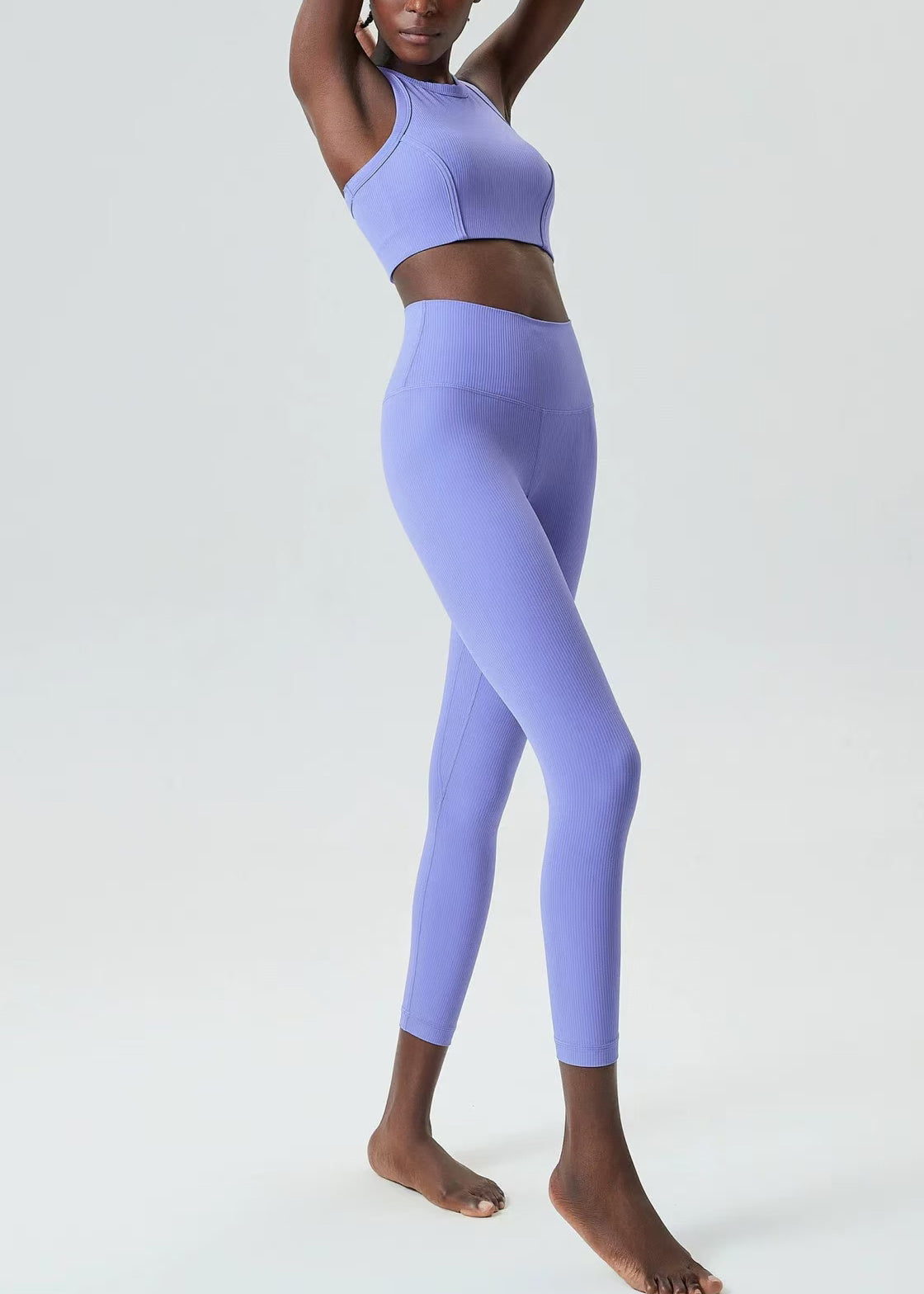 Stylish Lavender Stretch Sleeveless Sports Bra And High Waist Leggings Set Suit