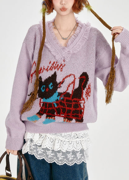 Stylish Lavender Tasseled Cat Jacquard Knit Sweaters Winter