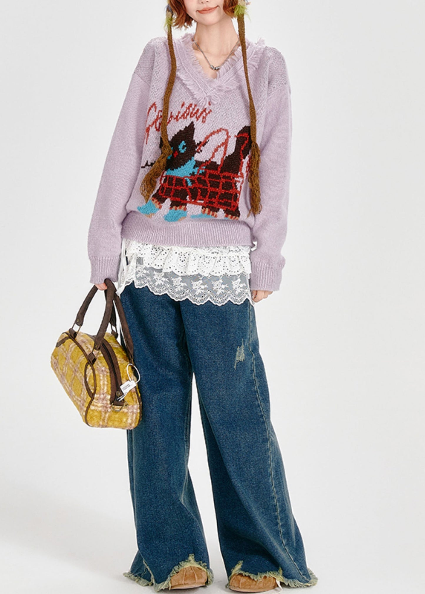 Stylish Lavender Tasseled Cat Jacquard Knit Sweaters Winter