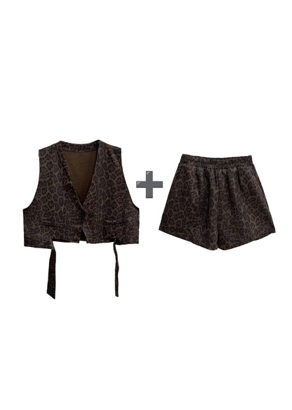 Stylish Leopard V Neck Vest And Shorts Two Pieces Set Summer