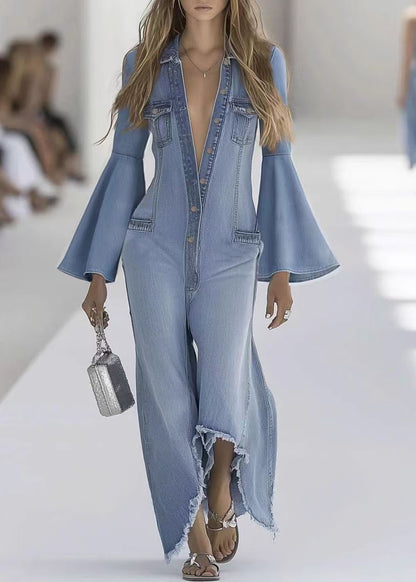 Stylish Light Blue Button Denim Jumpsuit Flare Sleeve
