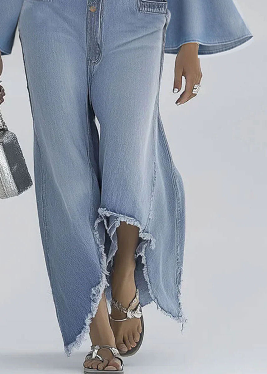 Stylish Light Blue Button Denim Jumpsuit Flare Sleeve