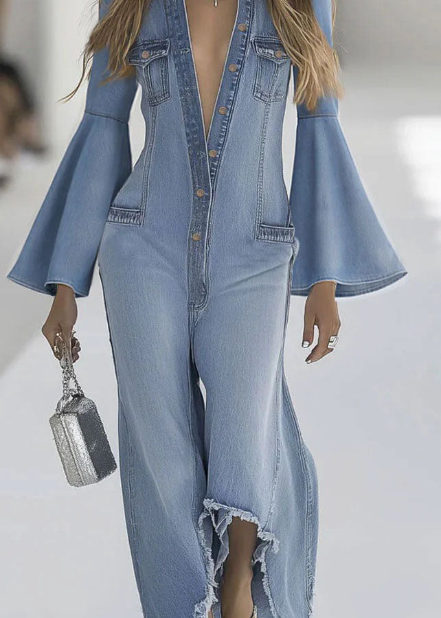 Stylish Light Blue Button Denim Jumpsuit Flare Sleeve