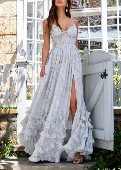 Stylish Light Blue Ruffled Print Side Open Exra Large Hem Vacation Dresses Sleeveless