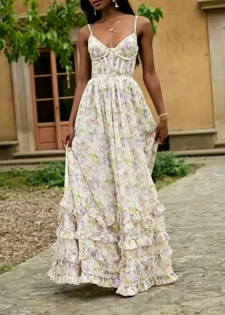 Stylish Light Blue Ruffled Print Side Open Exra Large Hem Vacation Dresses Sleeveless