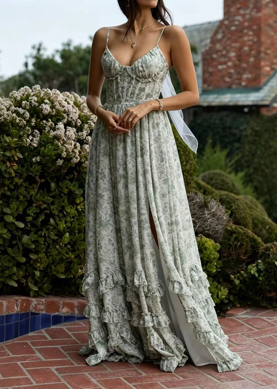 Stylish Light Blue Ruffled Print Side Open Exra Large Hem Vacation Dresses Sleeveless