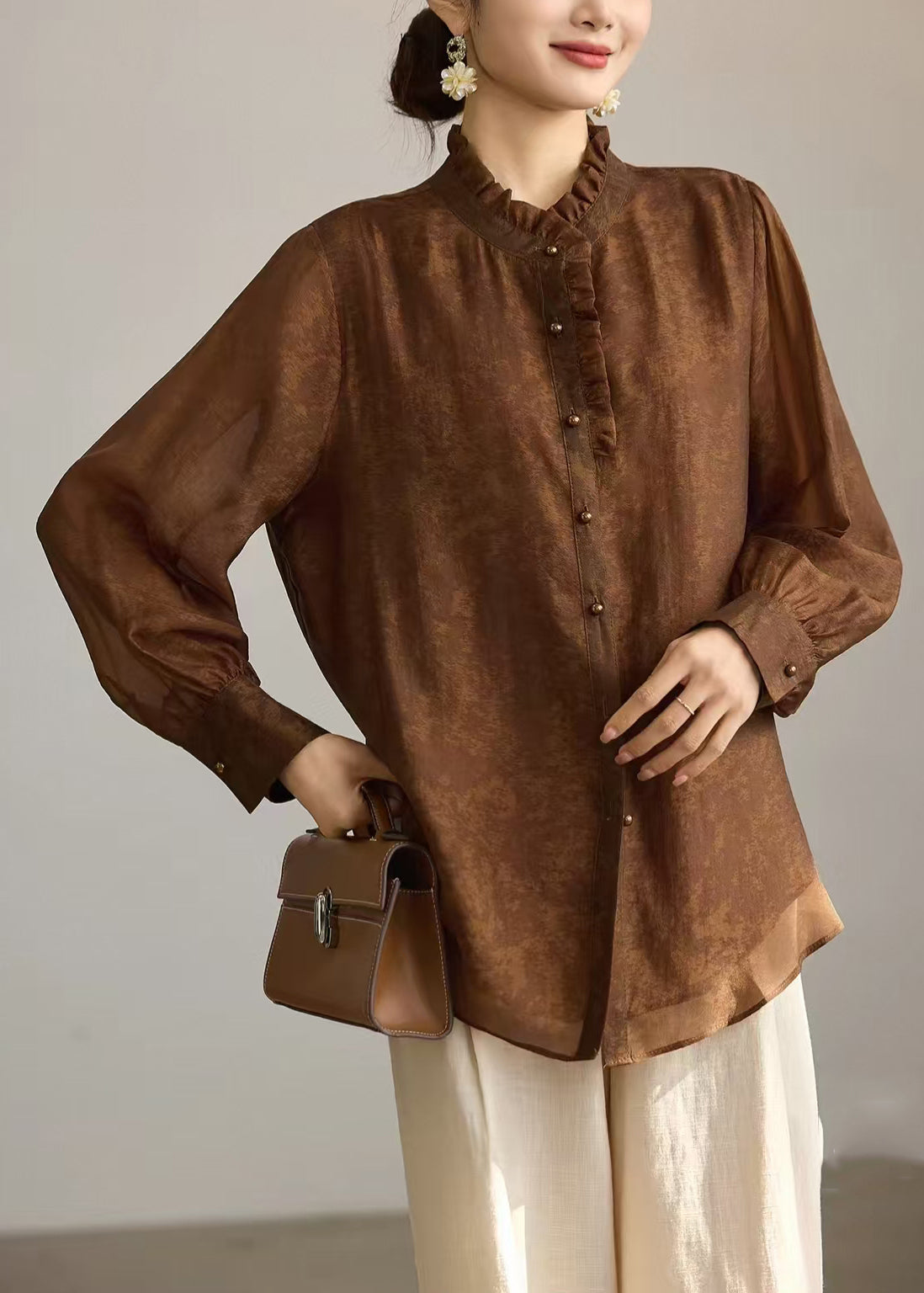 Stylish Light Brown Stand Collar Ruffled Shirts Long sleeve