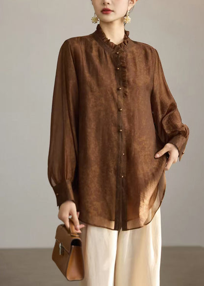 Stylish Light Brown Stand Collar Ruffled Shirts Long sleeve