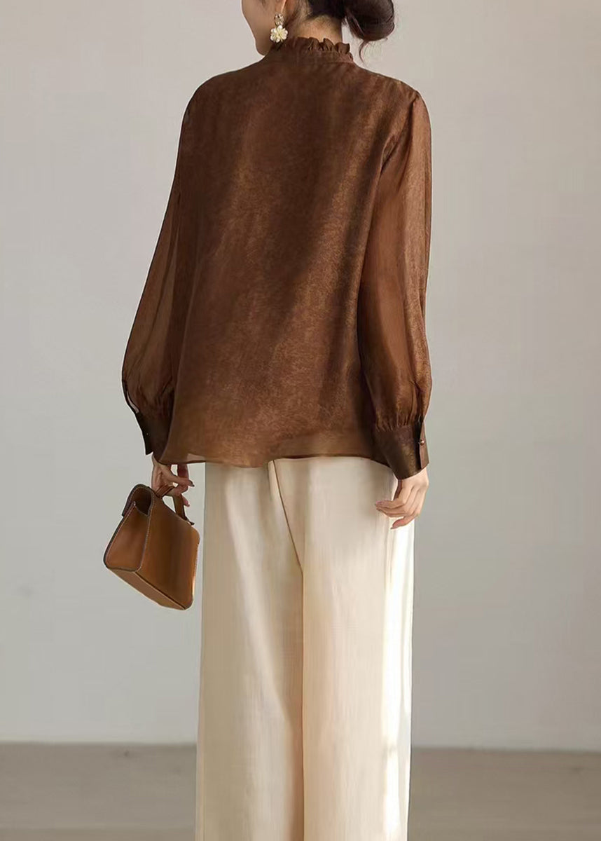 Stylish Light Brown Stand Collar Ruffled Shirts Long sleeve