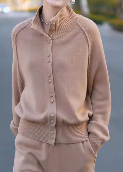 Stylish Light Camel Stand Collar Button Patchwork Knit Coat Fall