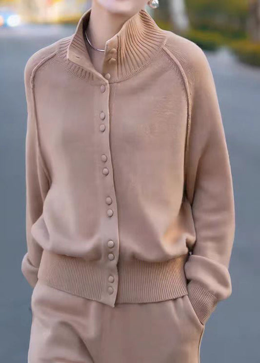 Stylish Light Camel Stand Collar Button Patchwork Knit Coat Fall
