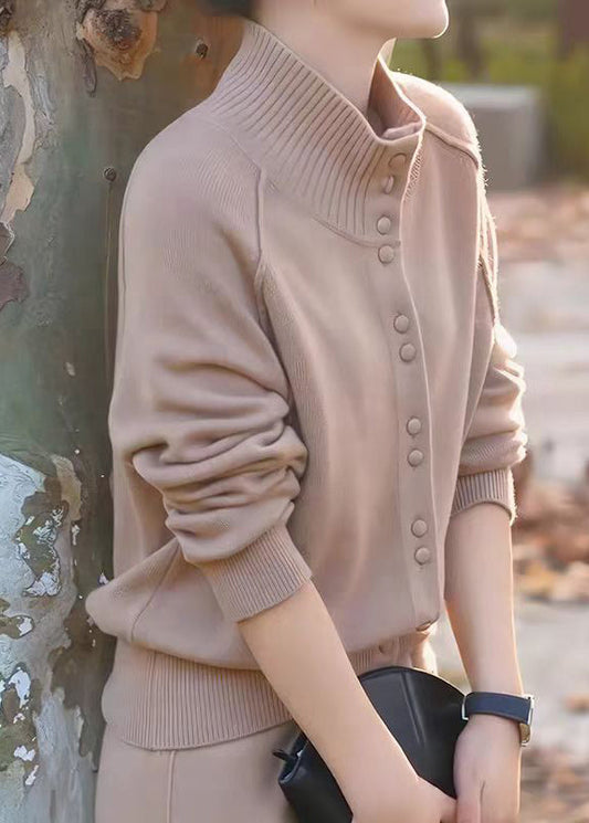 Stylish Light Camel Stand Collar Button Patchwork Knit Coat Fall