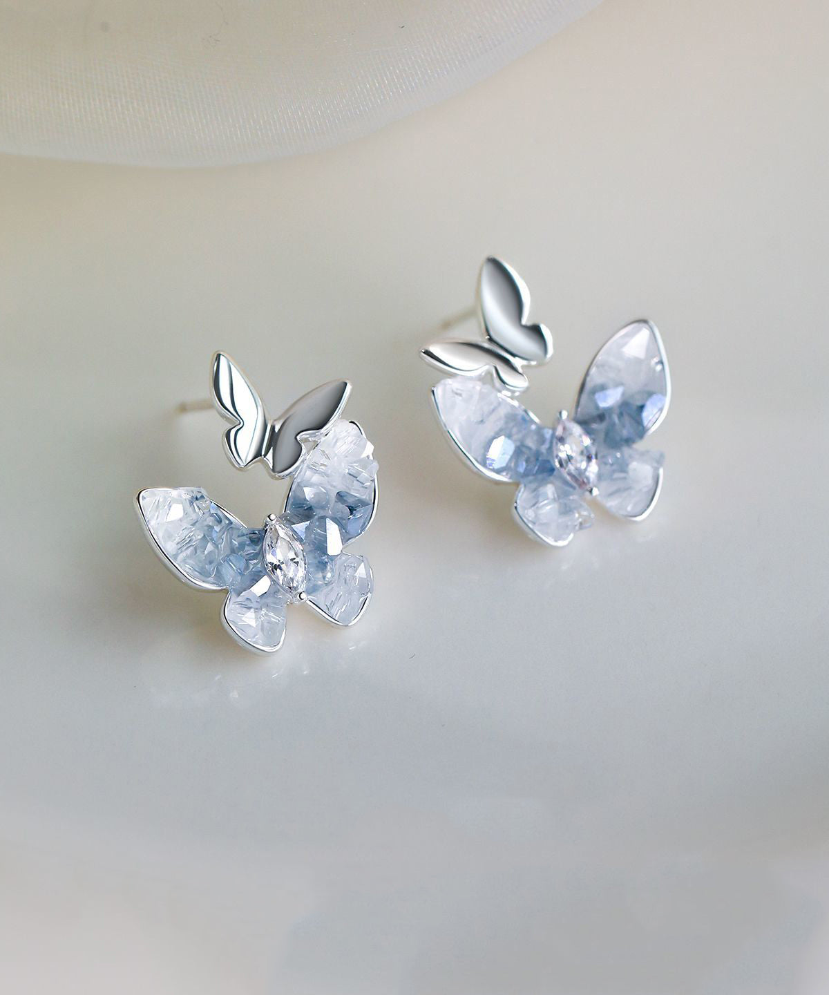 Stylish Light Green Sterling Silver Overgild Zircon Butterfly Stud Earrings