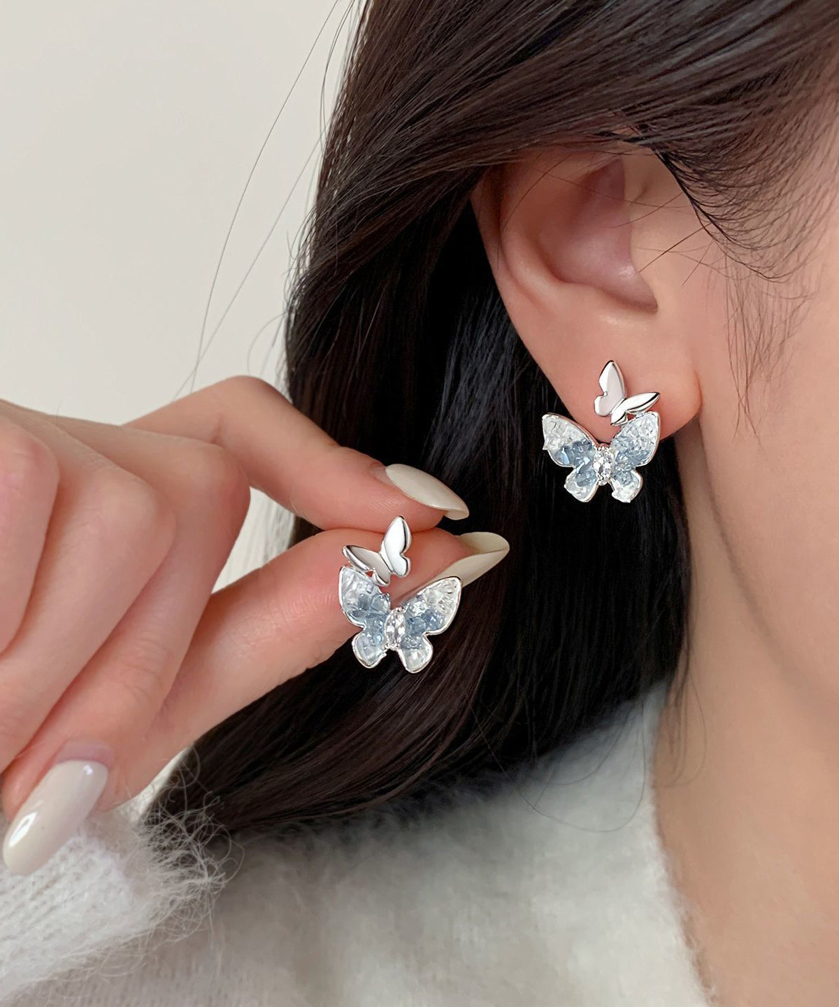 Stylish Light Green Sterling Silver Overgild Zircon Butterfly Stud Earrings