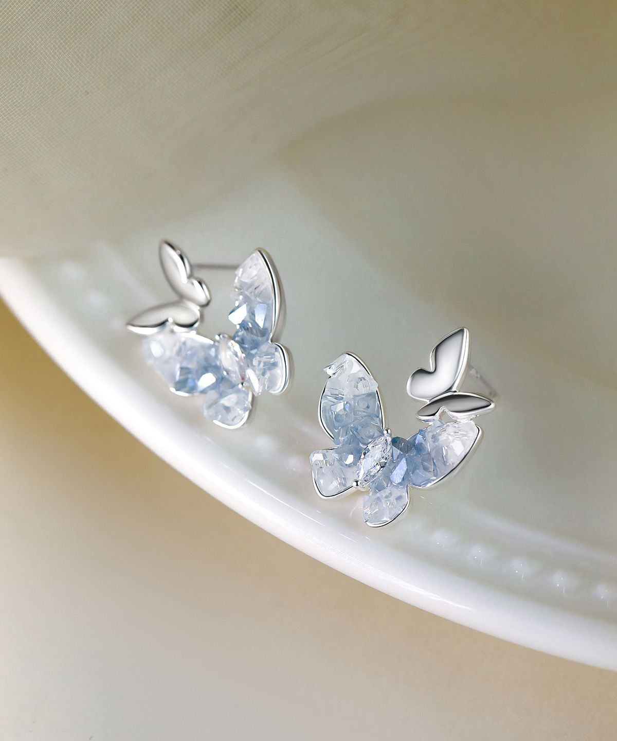 Stylish Light Green Sterling Silver Overgild Zircon Butterfly Stud Earrings