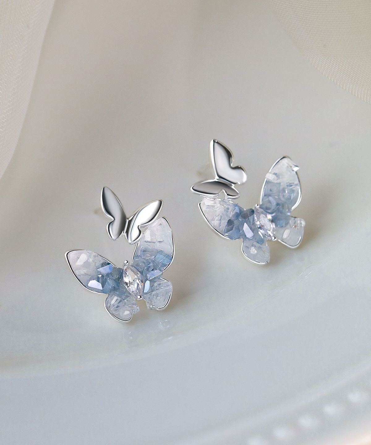 Stylish Light Green Sterling Silver Overgild Zircon Butterfly Stud Earrings