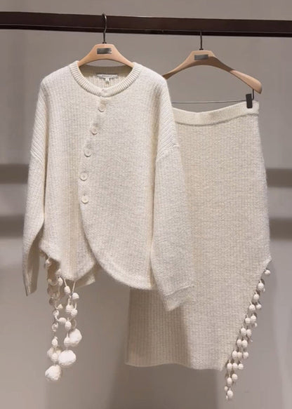 Stylish Light Grey Asymmetrical Tassel Patchwork Cotton Knit Sweaters And Maxi Skirts Two Pieces Set Winter