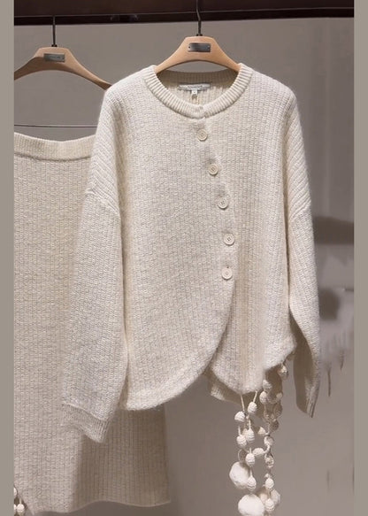 Stylish Light Grey Asymmetrical Tassel Patchwork Cotton Knit Sweaters And Maxi Skirts Two Pieces Set Winter