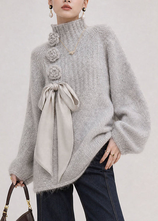 Stylish Light Grey Hign Neck Floral Lace Up Knit Sweaters Fall
