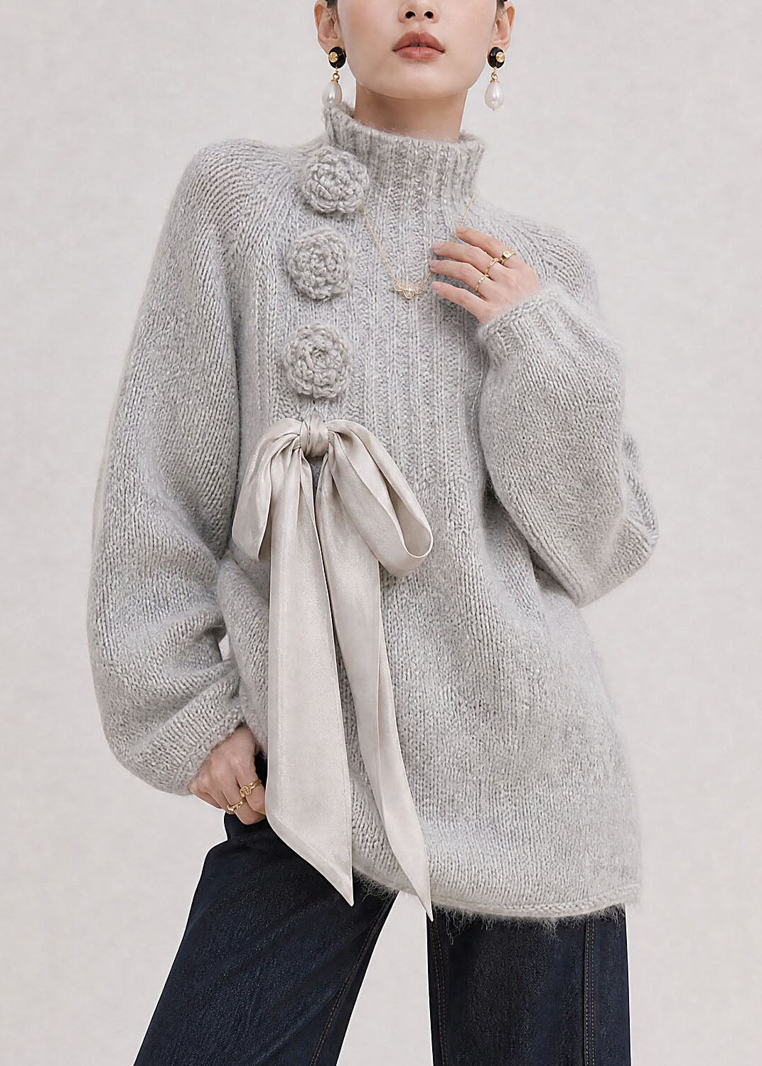 Stylish Light Grey Hign Neck Floral Lace Up Knit Sweaters Fall