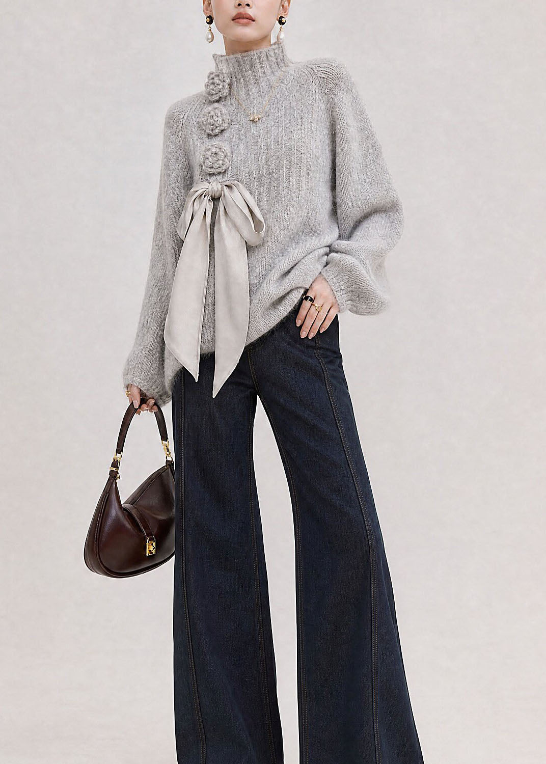 Stylish Light Grey Hign Neck Floral Lace Up Knit Sweaters Fall