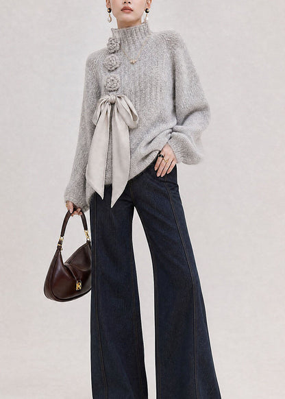 Stylish Light Grey Hign Neck Floral Lace Up Knit Sweaters Fall