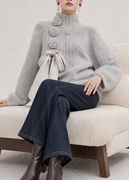 Stylish Light Grey Hign Neck Floral Lace Up Knit Sweaters Fall