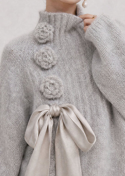 Stylish Light Grey Hign Neck Floral Lace Up Knit Sweaters Fall