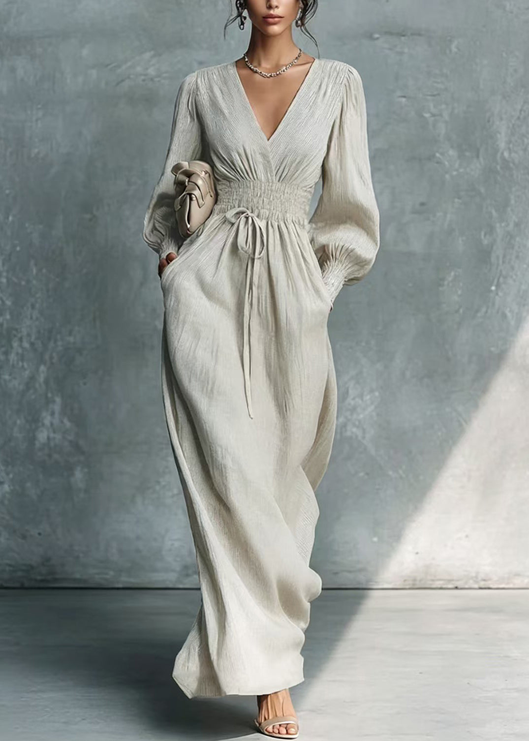 Stylish Light Grey V Neck Elastic Waist Tie Dress Lantern Sleeve