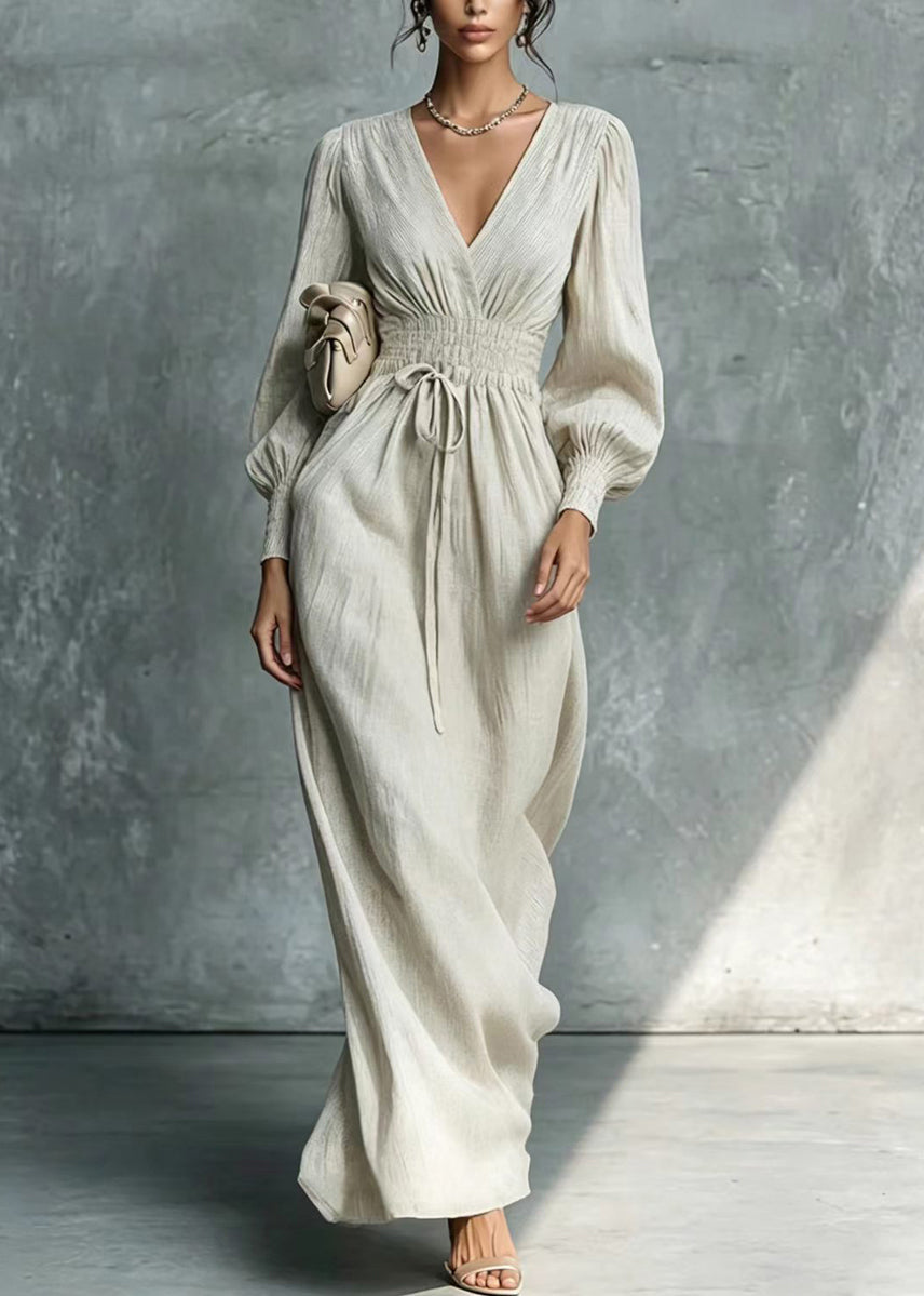 Stylish Light Grey V Neck Elastic Waist Tie Dress Lantern Sleeve