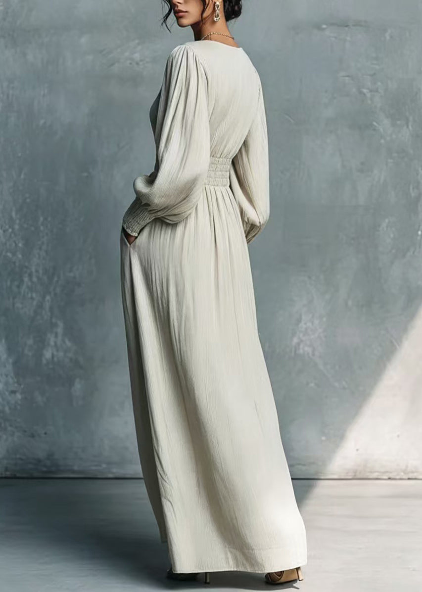 Stylish Light Grey V Neck Elastic Waist Tie Dress Lantern Sleeve