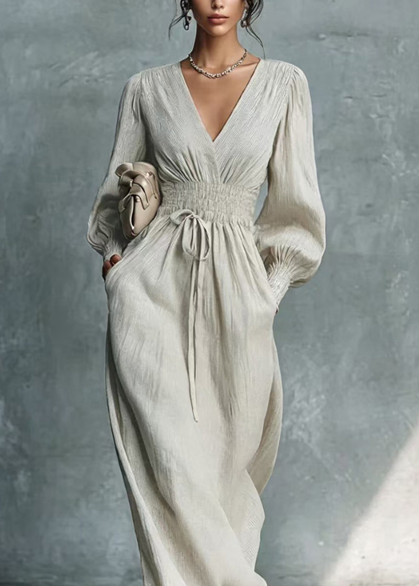 Stylish Light Grey V Neck Elastic Waist Tie Dress Lantern Sleeve