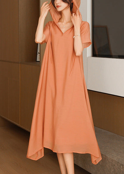 Stylish Loose Orange Hooded Cotton Long Dress Summer