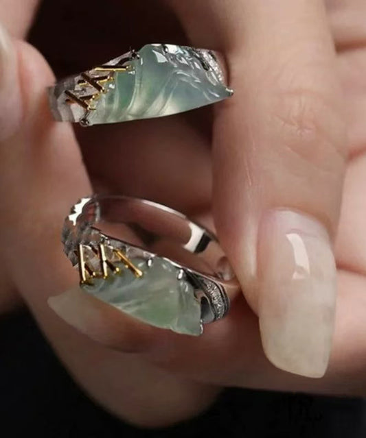 Stylish Mountains And Rivers Jade Silver Couple's Rings