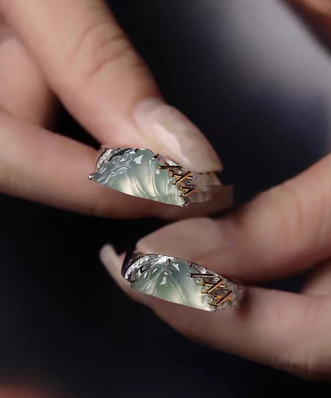 Stylish Mountains And Rivers Jade Silver Couple's Rings