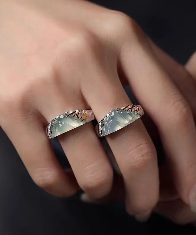 Stylish Mountains And Rivers Jade Silver Couple's Rings