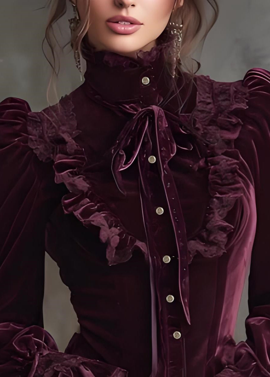 Stylish Mulberry Hign Neck Lace Patchwork Velour Tops Fall